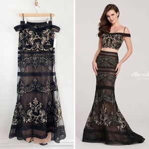 NWT Ellie Wilde Mon Cheri Black & Gold 2 Piece Off Shoulder Mermaid Prom Dress